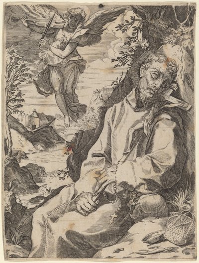 Müzik Meleği tarafından teselli Aziz Francis by Francesco Carracci after Agostino Carracci