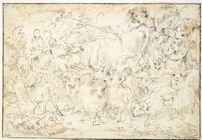 Keçi, koyun, inek ve çoban köpeği olan çobanlar by Francesco Castiglione