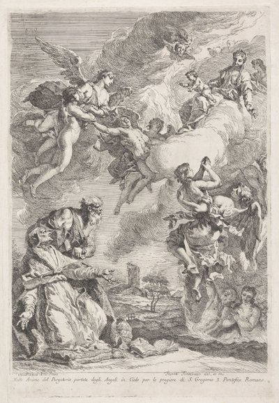 Büyük Aziz Gregory ve Aziz Jerome, araftaki ruhlar için dua ediyor Molte Anime del Purgatorio portate dagli Angeli in Cielo per le pregiere di S. Gregorio I. Pontefice Romano (nesne üzerindeki başlık) by Francesco Fontebasso