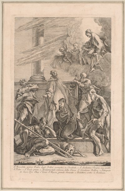 İki Melek ve Azizler ile Madonna ve Çocuk Scholastica, Benedict, Roch, Peter, Paul ve Jerome by Francesco Fontebasso after Sebastiano Ricci