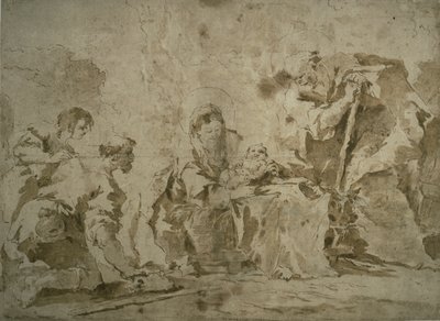 Çobanların Tapınması (recto); Üç Eskiz: Kayıklarla Kanal Kenarında Binalar, Yamaçta Buldings ile Manzara, Portikolu Binalar (verso) by Francesco Guardi