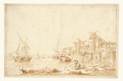 Kıyısında Bir Kale Bulunan Venedik Lagününün Hayali Bir Görünümü by Francesco Guardi