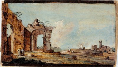 Caprice, yıkık kemeri ve balıkçı evleri ile by Francesco Guardi