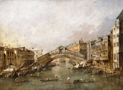 Gondollar ön planda olan Rialto Köprüsü, Venedik, by Francesco Guardi