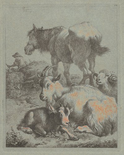 At, Koç, Çocuklu Keçi, Uzakta Sürüsüyle Bir Çoban, 1759. by Francesco Londonio