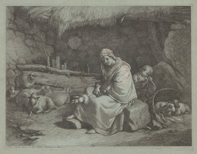 Oturan Spinner ve Uyuyan Çocuklu Bir Ahırın İçi by Francesco Londonio