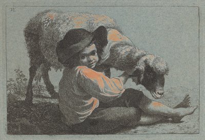 Bir Koyun Tutan Oturan Köylü Çocuk by Francesco Londonio