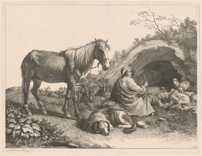 At, Köpek, Keçi ve Koyunlu Oturan Çoban by Francesco Londonio