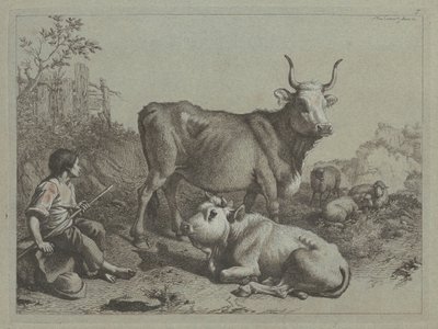 Boğa ve Bullock ile Oturan Çoban by Francesco Londonio