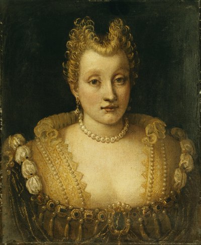 Contarini Ailesinden Olduğu Söylenen, Göğüs Boyu, Mücevherli, İnci Kolyeli ve Küpeli Ayrıntılı Bir Elbise Giyen Bir Hanımefendinin Portresi, by Francesco Montemezzano