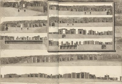Pom..., 1804 planında gösterilen yapıların farklı yönlerini gösteren kesitler. by Francesco Piranesi