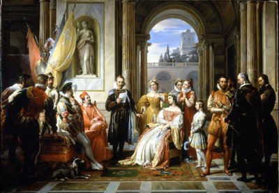 Torquato Tasso (Le Muche), Ferrara sarayında Kudüs teslimini (kurtarılmış Kudüs) okuyor. Francesco Podesti