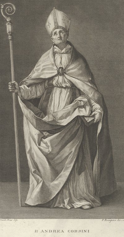 Aziz Andrea Corsini, Fiesole Piskoposu gibi giyinmiş, elinde bir krosiyer tutuyor ve bakıyor ..., yakl. 1780-1841. by Francesco Rosaspina