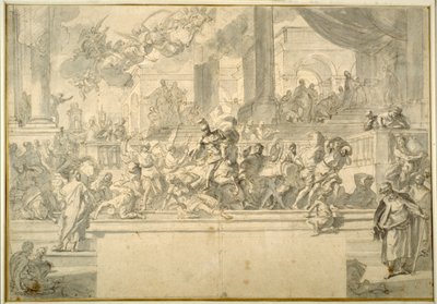 Tapınaktan sürülen Heliodorus (kağıt üzerinde tebeşir üzerine yıkamalı kalem ve mürekkep) by Francesco Solimena