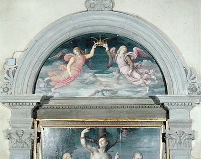 SS. Benedict, Dominic ve Sebastian (lunette detayı) (panelde yağlı boya) (ayrıca bkz. 192539 ve 192540) by Francesco Ubertini Il Bacchiacca