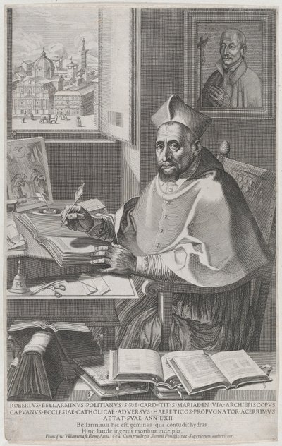 Kardinal Roberto Bellarmino masasında, 1604 yazıyor. by Francesco Villamena