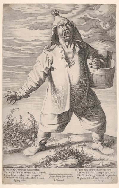 Geminiano Caldarostaro ağlıyor ve elinde püsküllü şapkalı bir küvet tutuyor, yakl. 1597-1601. by Francesco Villamena