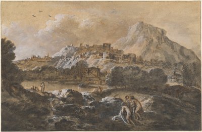 Yıkananlar ile dağlık nehir manzarası by Francesco Zuccarelli