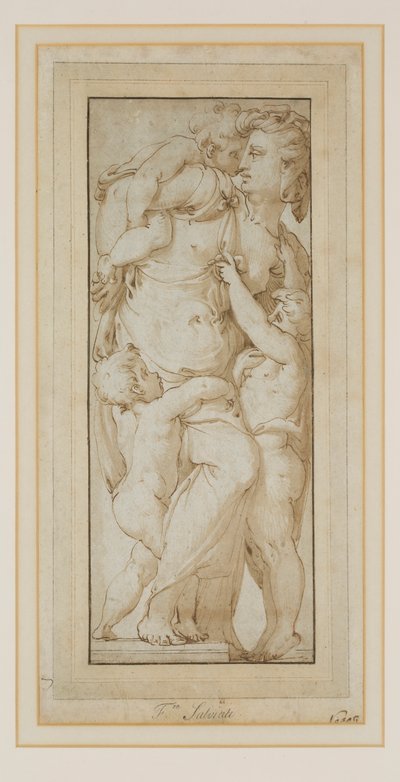 Bir Kadın ve Putti Çalışması (mürekkep ve yıkama) by Francesco de Rossi (follower of) Salviati