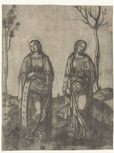 Kırık bir tekerleği olan Aziz Catherine ve bir tabakta gözleri olan Lucia by Francesco di Francia (attributed to)
