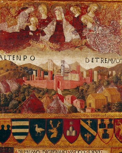 Ex voto (veya ex voto): “” 1466-1467 depremleri sırasında Siena şehrini koruyan Meryem Ana”” Detay. Francesco di Giorgio Martini