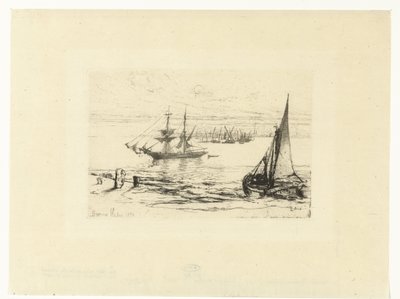demirli bir gemi demir atmış bir brik by Francis Seymour Haden (Sir) (signed by artist)