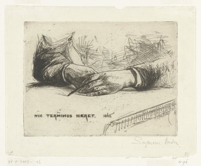 İki el, tebeşirle çizim Bir mum boya tutan eller Hic Terminus Haeret (nesne üzerindeki başlık) by Francis Seymour Haden (Sir) (signed by artist)
