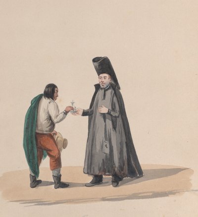 Peru kostümünü tasvir eden bir grup çizimden bir adama haç veren bir kanon, 1848. by Francisco