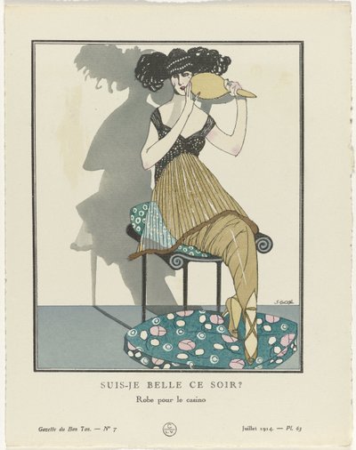 Gazette du Bon Ton. Sanat – Modlar ve Önemsizlikler: Sanatçılar Gazette du Bon Ton, 1914, No. 7, Pl. 63: Bu gece güzel miyim? / Kumarhane için kıyafet (nesnedeki başlık) by Francisco Javier Gosé