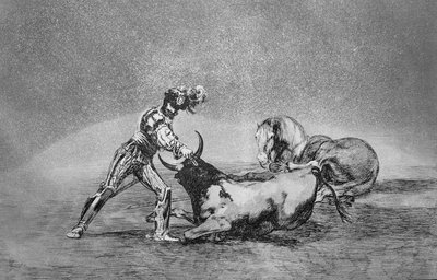 Bir İspanyol şövalyesi atını kaybettikten sonra boğayı öldürür, 'Boğa Güreşi Sanatı'nın 9. plakası, pub. 1816 (aşındırma) by Francisco Jose de Goya y Lucientes