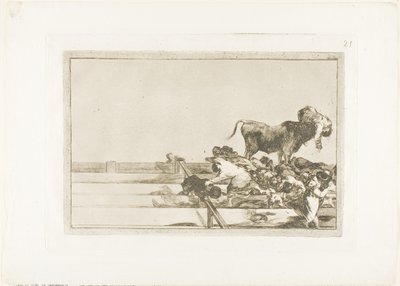 Madrid'de ringin ön sıralarında yaşanan korkunç olaylar ve Torrejón belediye başkanının ölümü, Boğa Güreşi Sanatı'ndan 21. plaka by Francisco Jose de Goya y Lucientes