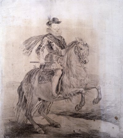 GOYA Y LUCIENTES, Francisco de (1746-1828). İspanya Kralı III.Philip'in Atlı Portresi. 1778. İspanya Kralı III. PHILIP (1578-1621). İspanya Kralı (1598-1621). Velazquez resimlerinin kopyalarını çizmek. Barok sanatı. Çizim. İSPANYA. MADRİD (ÖZERK TOPLUL by Francisco Jose de Goya y Lucientes