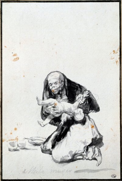 Kötü kadın (Mala mujer). Kötü kadın. Antropofaji sahnesi, bir cadı bir çocuğu yutar. Francisco Goya y Lucientes (1746-1828) Sun tarafından gri yıkama. 0,21x0,14 m Paris, Louvre Müzesi by Francisco de Goya