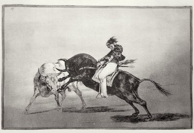 Aynı Mariano Ceballos, bir boğaya binmiş, kısa mızraklarını Madrid'de ringde kırıyor, 'The Art of Boğa Güreşi'nin 24. plakası, pub. 1816 (aşındırma) by Francisco Jose de Goya y Lucientes