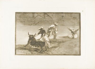 Bir Muhafazada Pelerinle Bir Başka Oynuyorlar, Boğa Güreşi Sanatı'ndan dördüncü plaka by Francisco Jose de Goya y Lucientes