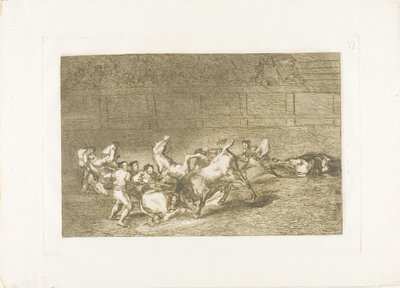 Tek bir boğa tarafından birbiri ardına fırlatılan iki pikador takımı, Boğa Güreşi Sanatı'ndan plaka 32 by Francisco Jose de Goya y Lucientes