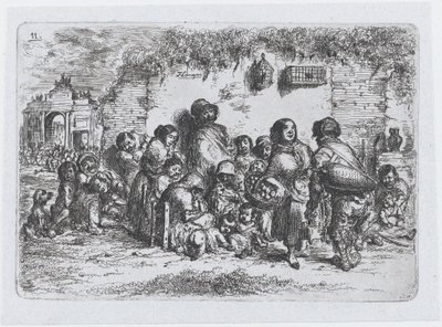 Levha 11: Açık havada, İspanyolların gelenek ve eğlencelerinden bir grup insan..., 1850. by Francisco Lameyer Berenguer