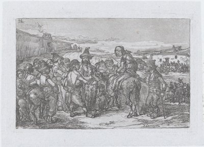 Levha 14: Açık havada büyük bir grup insan, muhtemelen bir oyuncu topluluğu, o..., 1850 serisinden. by Francisco Lameyer Berenguer