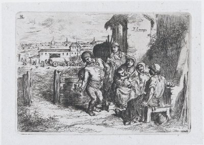 Levha 16: Bir gemiden şarap veya su döken bir adam da dahil olmak üzere açık havada bir grup insan ..., 1850. by Francisco Lameyer Berenguer