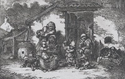 Levha 19: Gelenek..., 1850 serisinden bir evin dışında köpekle oynayan bir aile ve bir çocuk. by Francisco Lameyer Berenguer