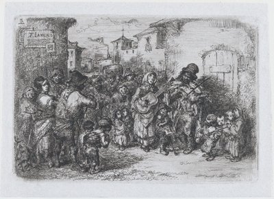 Plaka 3: İspanyol gelenek ve eğlencelerinden bir grup sokak müzisyeni ..., 1850. by Francisco Lameyer Berenguer