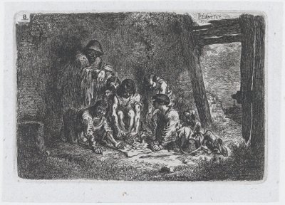 Plaka 8: Gümrük ve..., 1850 serisinden bazıları oyun oynayan bir grup figür. by Francisco Lameyer Berenguer