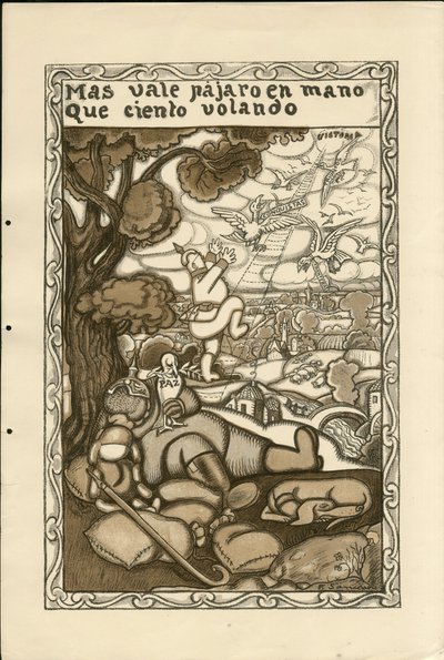 Francisco Sancha Lengo (1874-1936) - Uçan yaprak, yak. 1915 - Mas vale pajaro en mano que ciento volando - 14-18 Savaşı, Almanya Prusya, Belligerants ve semboller, Zafer, Barış, İspanyol dili, Yabancı basın by Francisco Sancha y Lengo