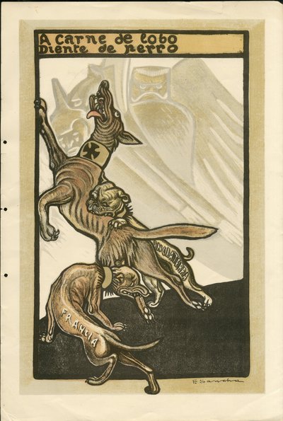 Francisco Sancha Lengo (1874-1936) çizimi - Uçan yaprak, yaklaşık 1915 - Bir carne de lobo diente de perro - 14-18 Savaşı, Almanya Prusya, İngiltere Büyük Britanya, Belligerants ve semboller, Fransa, İspanyol Dili, Yabancı Basın - William II, Köpek, Saklan by Francisco Sancha y Lengo