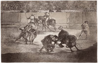 Boğa Güreşi: Bir boğa güreşçisi muleta yerine şapkayla boğayı öldürmek için arenaya girer by Francisco de Goya