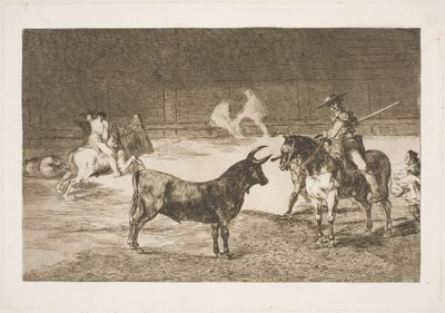 Ünlü pikador Fernando del Toro, mızrağıyla olme boğasını kışkırtıyor by Francisco de Goya