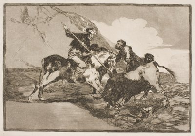 Eski İspanyolların at sırtında ovada boğa avlamaları gibi. by Francisco de Goya