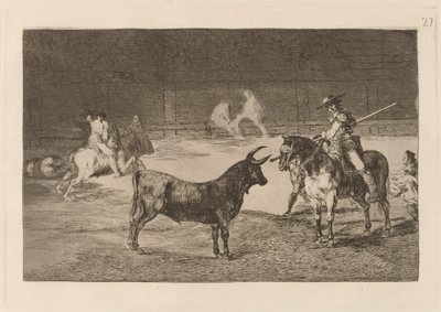 Ünlü Fernando del Toro, barilarguero, canavarı sopasıyla zorluyor (Ünlü Picador, Fernando del Toro, Vahşi Canavarı Pique ile Üzerine Çiziyor) by Francisco de Goya
