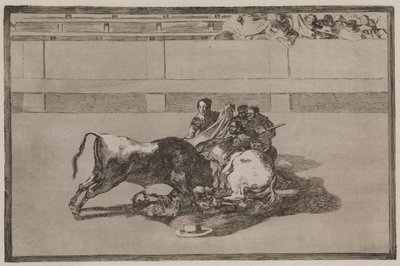 At tarafından bir pikador atılır ve boğanın altına düşer. by Francisco de Goya