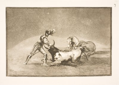 İspanyol bir binici atını kaybettikten sonra boğayı öldürdü by Francisco de Goya